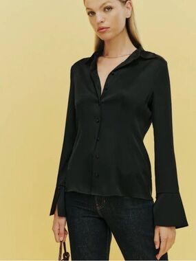 NWT Reformation Samara Black Satin Button-Down Blouse Size 2